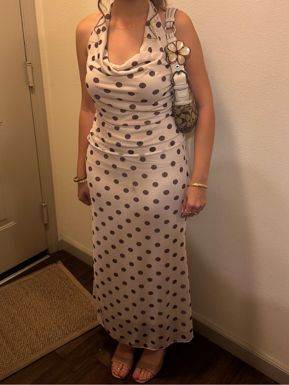 Women’s Polka Dot Skirt Set- Beige with Brown Dots Size Medium